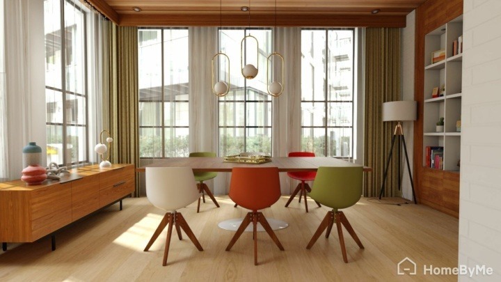 Mid-Century-Modern dining room with pendants