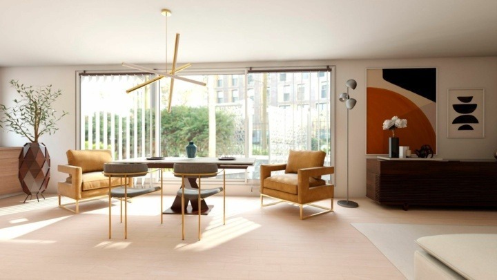 A mid century modern dining room with a large window