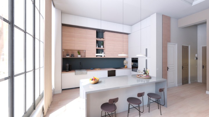 White Minimalist kitchen with wooden furniture and a grey wall