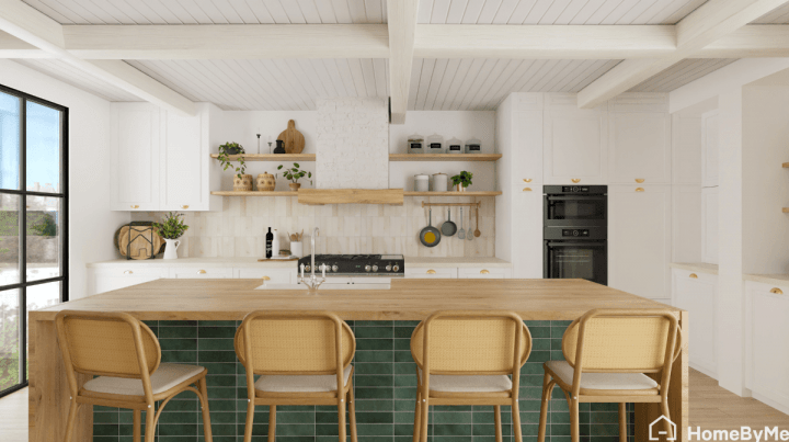 Cuisine bohème avec carrelage coloré et bois recyclé