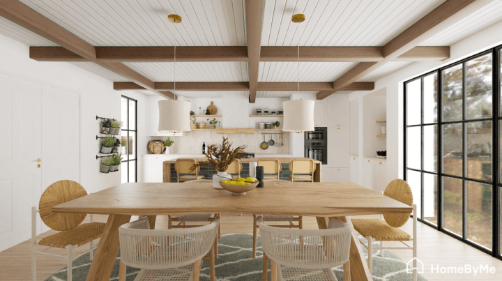 Salle à manger avec une décoration éclectique mêlant plantes suspendues, étagères ouvertes