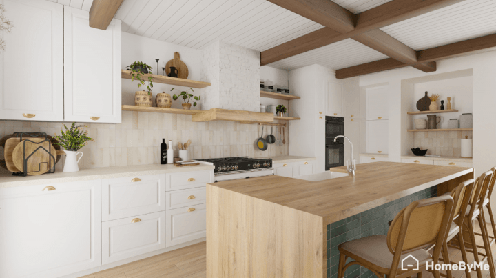 Cusine au bois brut, textiles bohème et vaisselle artisanale