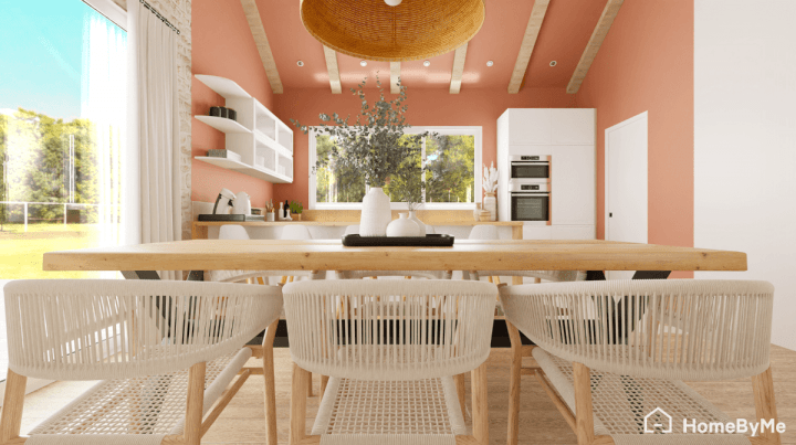 Salle à manger de style bohème avec des touches rosées et meubles en bois