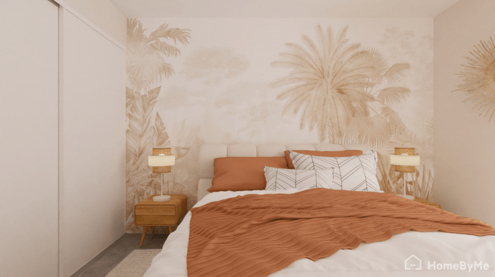 High realistic image of a girly bedroom with pops of peach