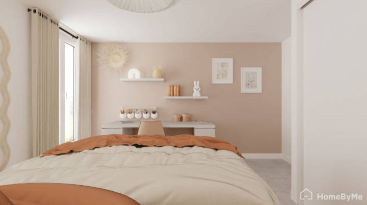 Big desk area in a girly teen bedroom