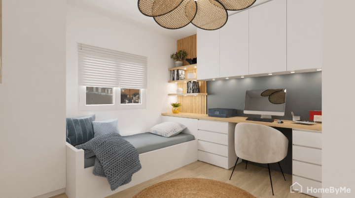 Small blue and white teen bedroom with optimized furniture