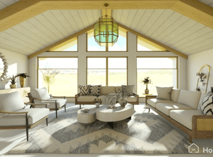 Wooden living room in an A-frame house