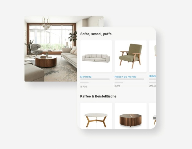 Eischholtz -Sofa, Maison du Monde-Stuhl und eine 3D-Visualisierung eines modernen Wohnzimmers aus HomeByMe