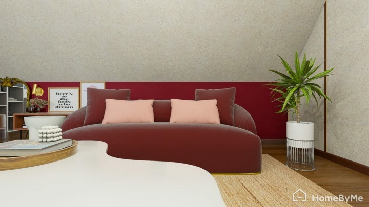 A burgundy couch in a modern living room