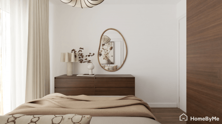 Chambre avec miroir asymétrique stylisé