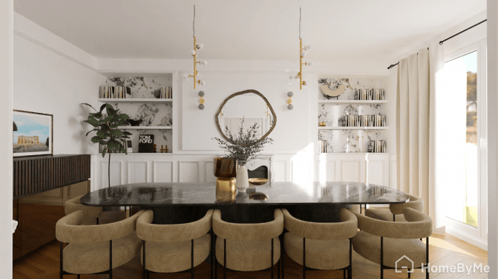 Salle à manger design avec grand miroir design central