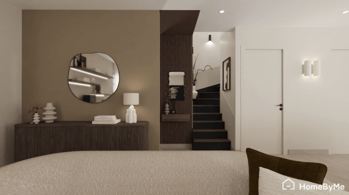 Petit miroir arrondi et tendance dans un salon moderne beige et marron