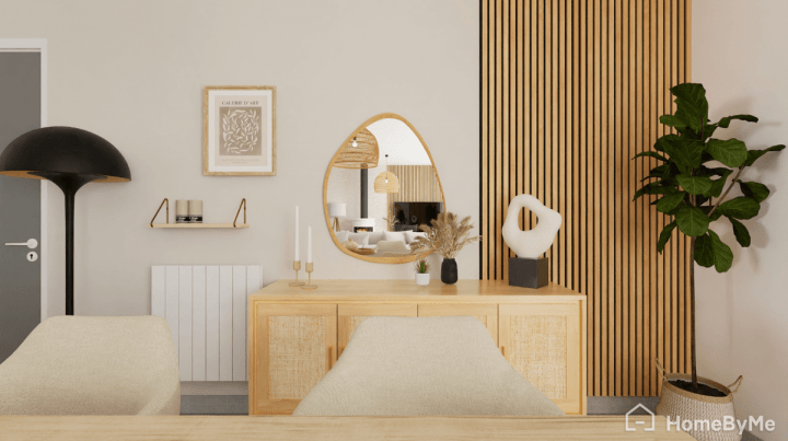 Miroir ovale en bois et galerie de photos dans un salon beige