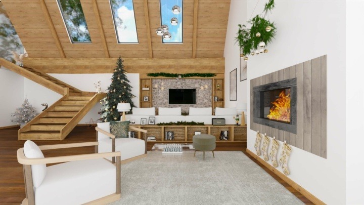 Fireplace in a wooden loft with Christmas decorations