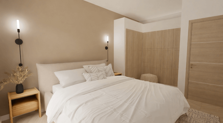 Image réaliste d'un plan de chambre double 3D avec appliques murales