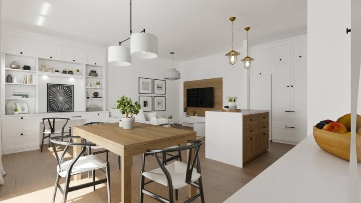 Dining room and kitchen with neutral and wooden touches