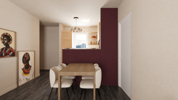 Small dining space in a tiny purple house