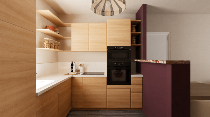 Small trendy wood and purple kitchen for a tiny house