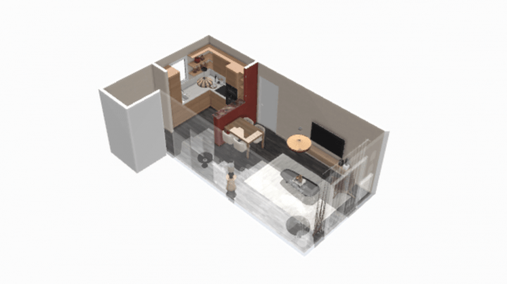 Plan of a small studio - tiny house with hints of purple