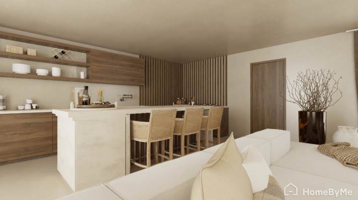 Cuisine ouverte sur le salon dans une maison de 100m²