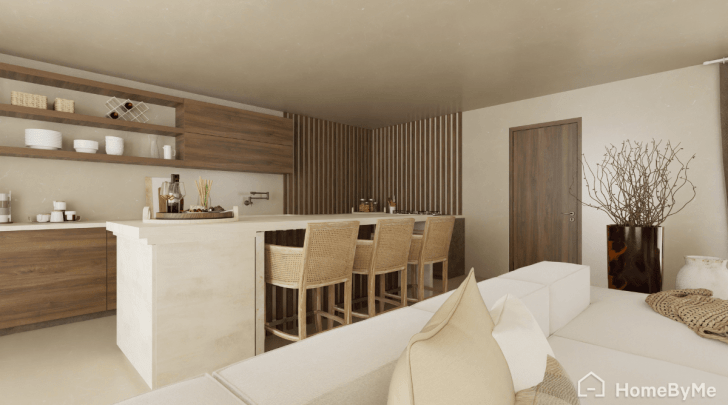 Cuisine ouverte sur le salon dans une maison de 100m²