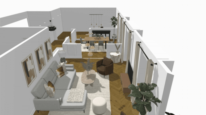 rendu réaliste d'un plan de salon ouvert en 3D réalisé sur le planner Homebyme