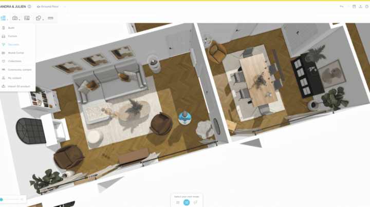 rendu réaliste d'un plan de salon 3D pris en vue aérienne avec Homebyme pour un salon de style contemporain