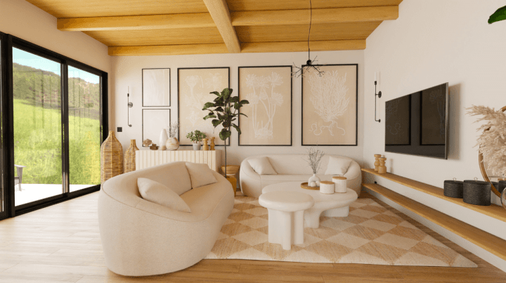 rendu réaliste d'un plan de salon 3D pour un aménagement de salon abordable avec le planner Homebyme