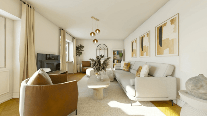 rendu réaliste d'un plan de salon 3D de style contemporain blanc et mobilier couleur ocre