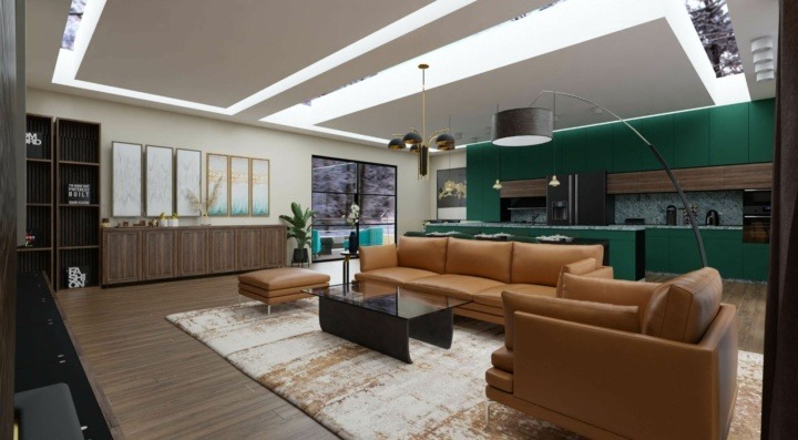 Contemporary living room in bold brown