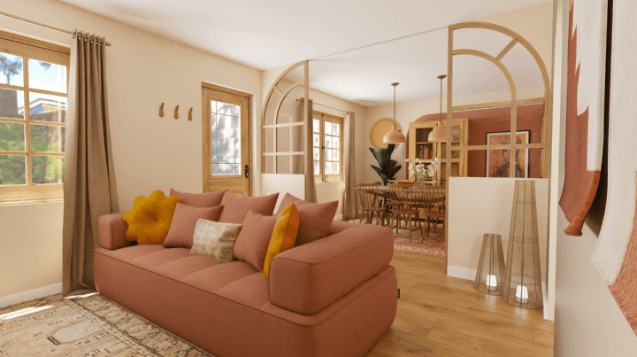 High realistic image of a remodeling a cheap living room pink