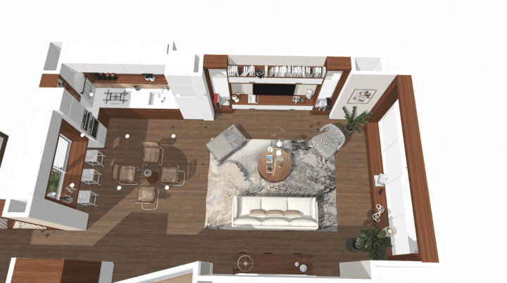 Capture d'écran d'un plan de salon 3D pour un salon de style mid-century