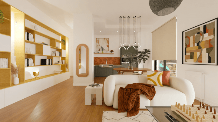 rendu réaliste d'un plan de salon 3D rectangulaire, ouvert sur la cuisine.