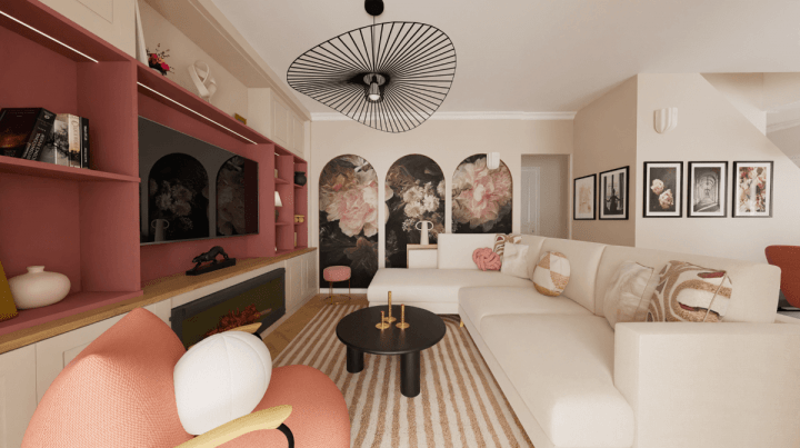rendu réaliste d'un plan de salon rose et blanc avec papier peint fleuri