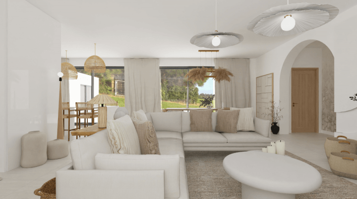 rendu réaliste d'un plan de salon 3D d'un salon neutre teinté de touches de beige.