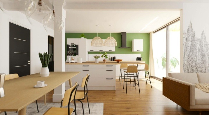 Open kitchen in a single-storey house