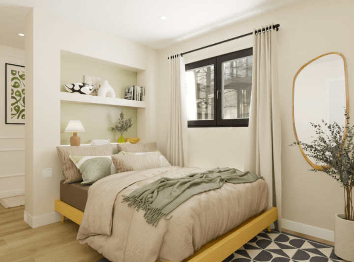 Exemple de plan 3D pour une chambre parentale verte et grise