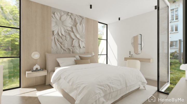 Chambre parentale avec papier peint texturé sur les murs