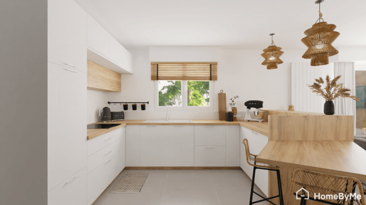 Aménagement via le planner Homebyme d'une cuisine avec un triangle d'activité bien pensée