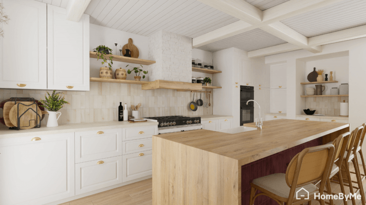 Rendu ultra-réaliste d'une cuisine en I avec îlot central