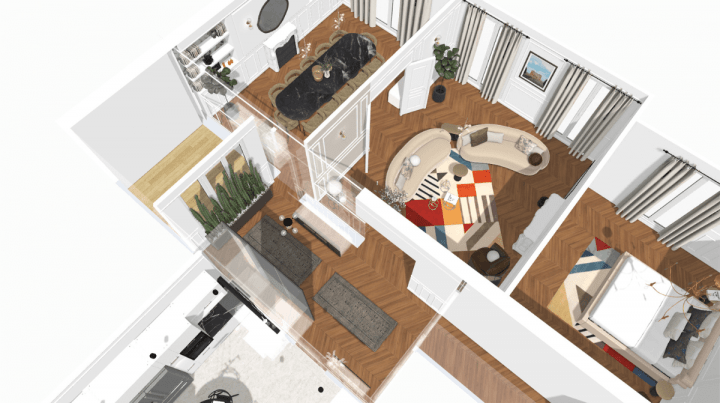 3D plan serving as example of a great layout fo living room