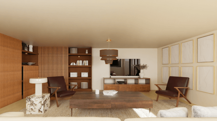 high-realistic image of a living room in a basement