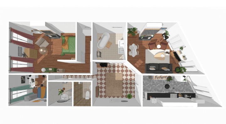 3d floor plan of a 2 bedroom 2 bath house plans