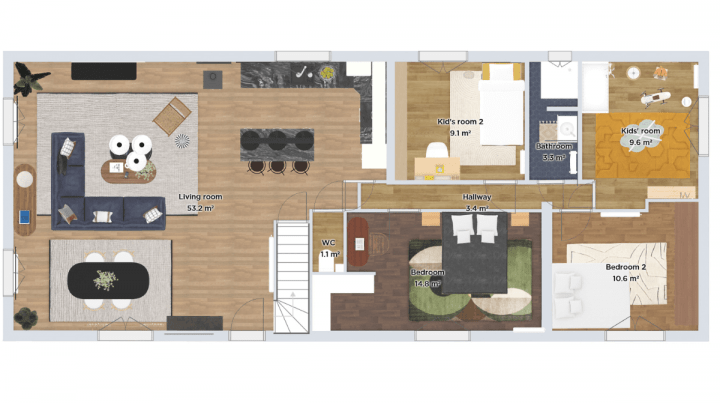 3d floor plan example of a barndominium with 4 bedrooms