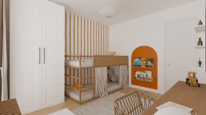 Image réaliste de plan 3D de chambre enfant avec lit superposé