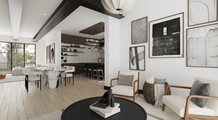 An open contemporary space where the living room and kitchen blend in perfect harmony.
