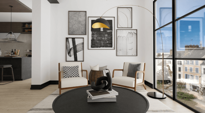 Contemporary lounge featuring modern textures, soft lighting, and a calm, balanced atmosphere.