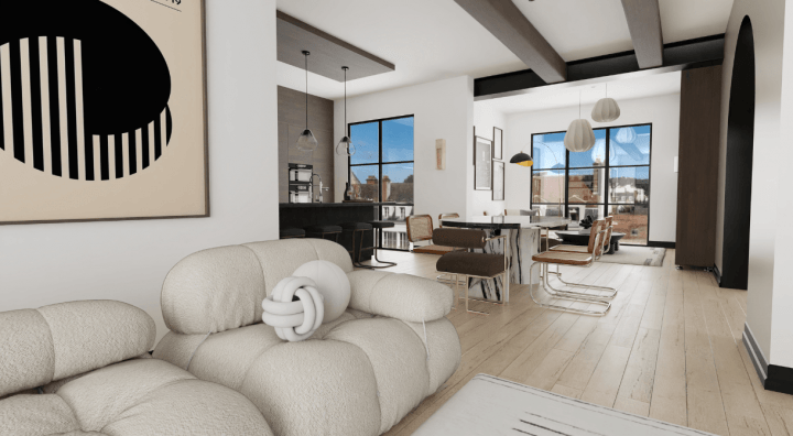 Bright contemporary interior combining a serene living area with a streamlined kitchen design.
