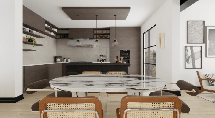 A stylish contemporary kitchen with smooth finishes, subtle contrasts, and functional beauty.