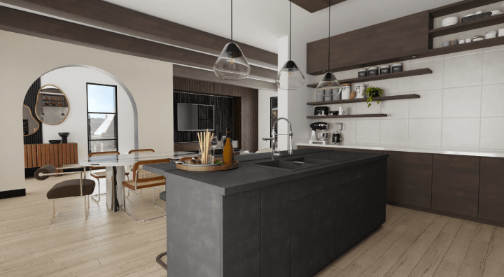 Contemporary kitchen with sleek surfaces, minimalist design, and a refined color palette.
